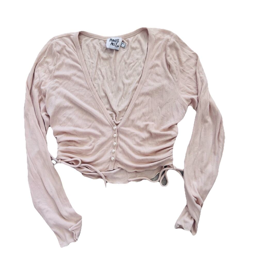 Princess Polly Bridgetown Ribbed Cream Pearl Button Cinched Tie Top Blouse 10